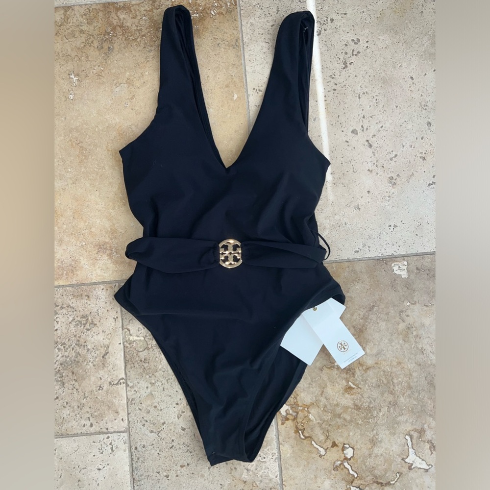 NWT Tory Burch Black Miller Plunge One Piece Swimsuit XS Authentic